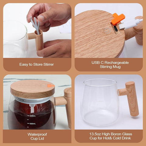 Wooden Design Automatic Self-Stirring Coffee Mug – One Click Electric Mixing Glass Cup