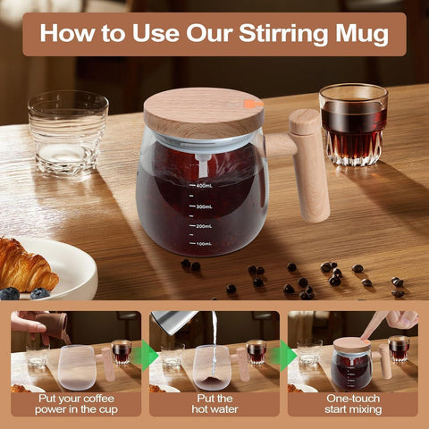 Wooden Design Automatic Self-Stirring Coffee Mug – One Click Electric Mixing Glass Cup