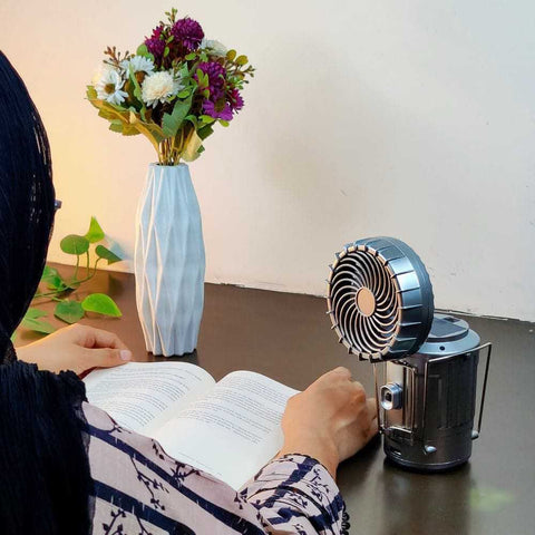 6-in-1 Portable Camping Lantern – Solar Rechargeable LED Light with Fan